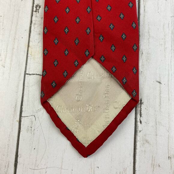 VTG Christian Dior Paris New York Red Silk Diamond Pattern Neck Tie Business - Picture 7 of 10